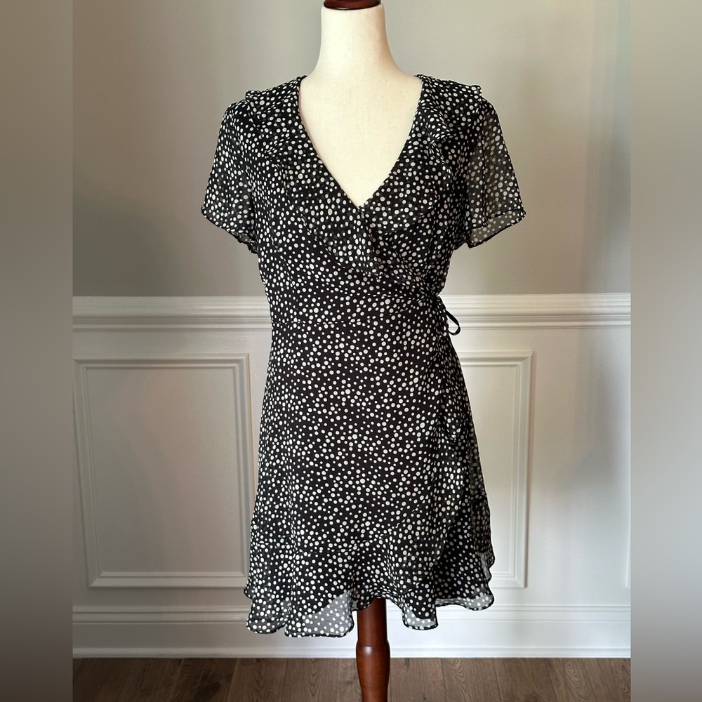 Lush Black White Dot Wrap Dress size Medium